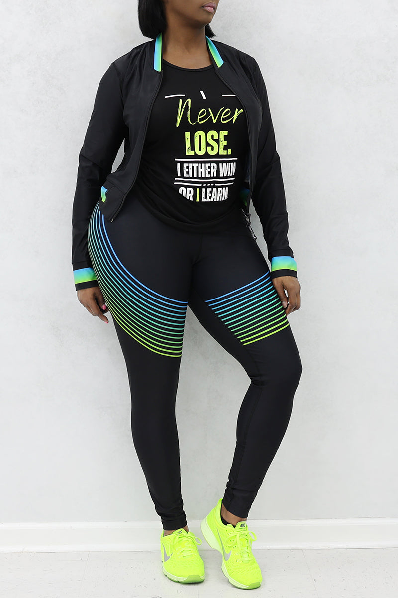 A woman wearing a round neck t-shirt with motivational quote, striped cropped jacket with full zipper and pockets paired with striped tights.