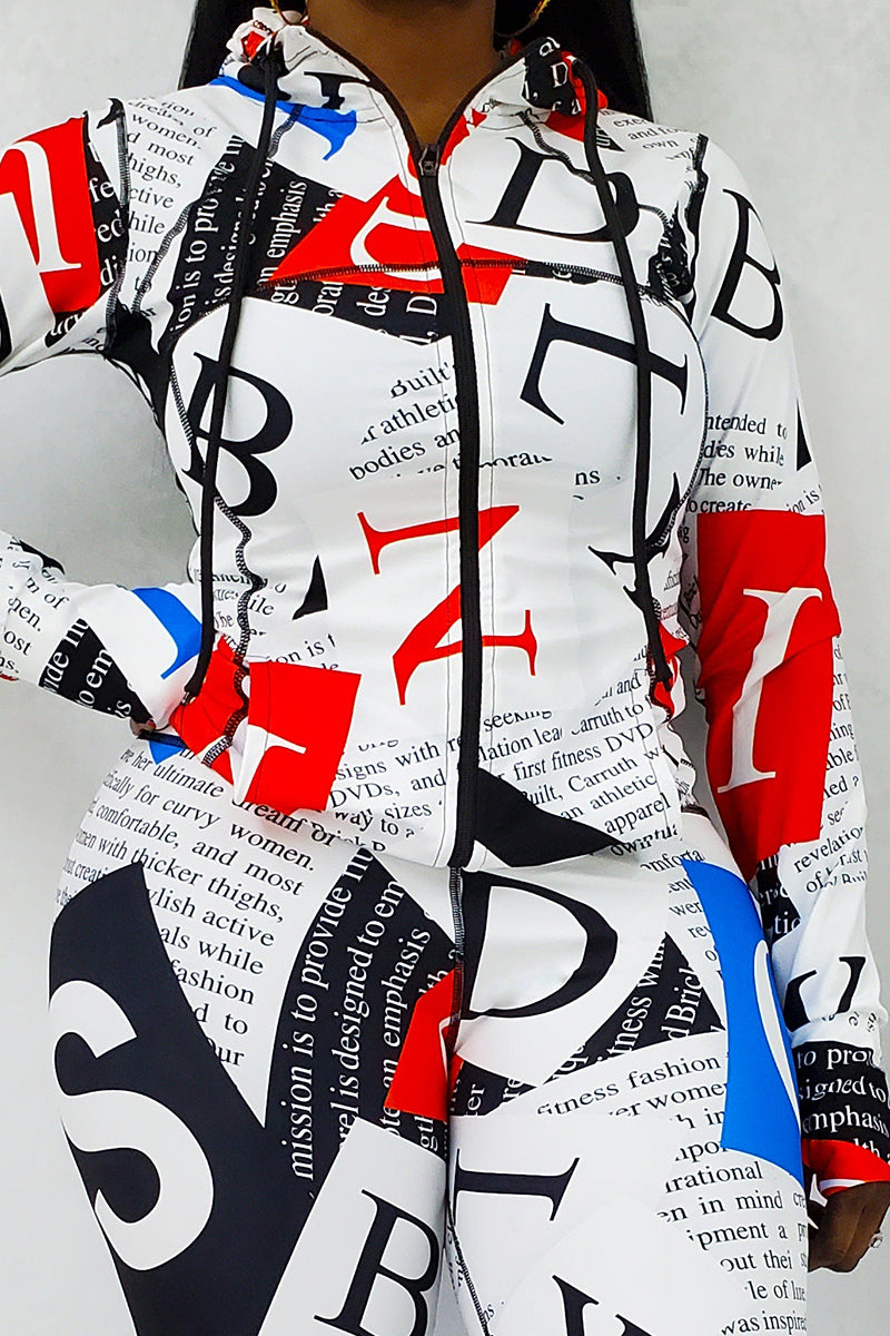 Women's close-up view of a red, white, and blue fitness jacket with black drawstrings.
