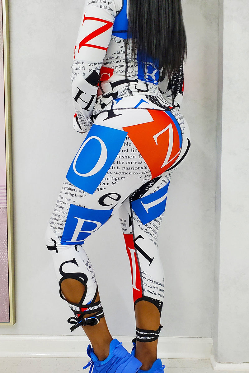 White strappy capris with red and blue alphabet pattern, designed for a casual, stylish look.