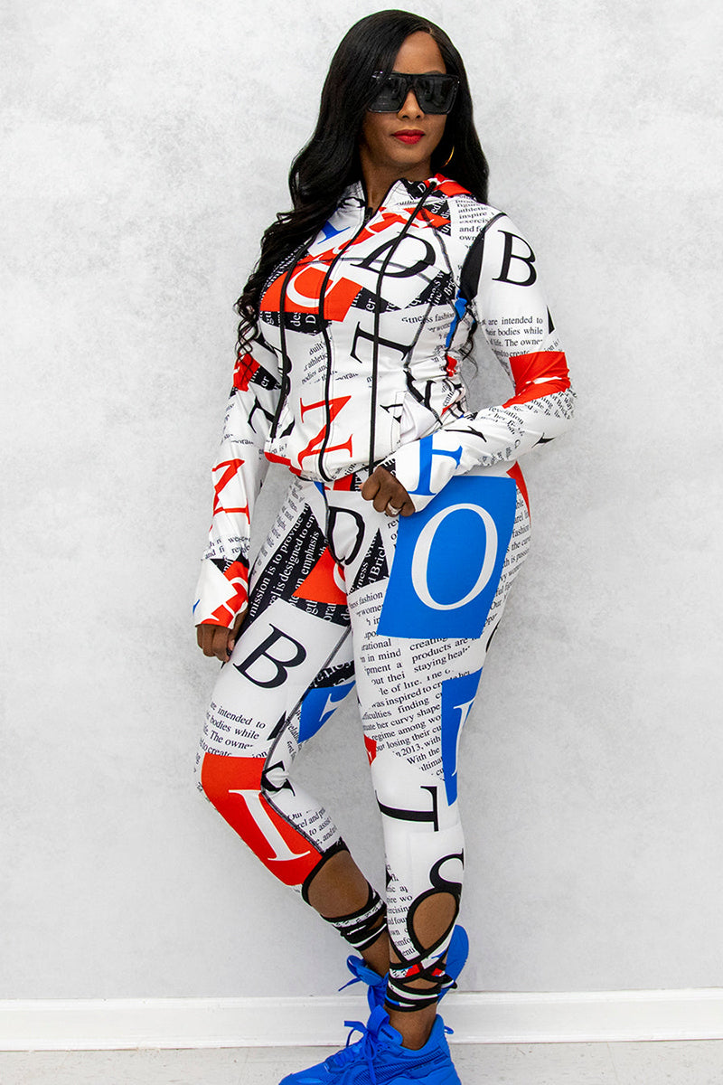 White strappy capris with red and blue alphabet pattern, designed for a casual, stylish look.