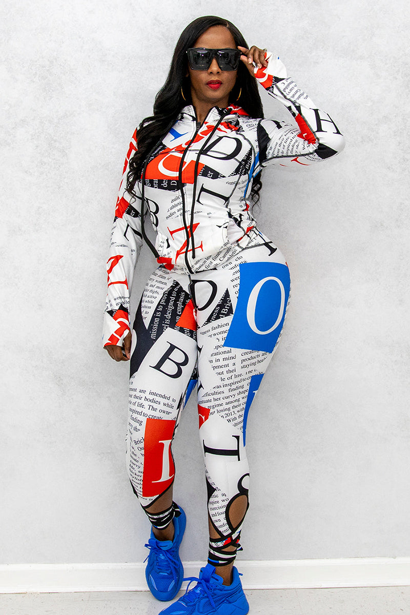 White strappy capris with red and blue alphabet pattern, designed for a casual, stylish look.