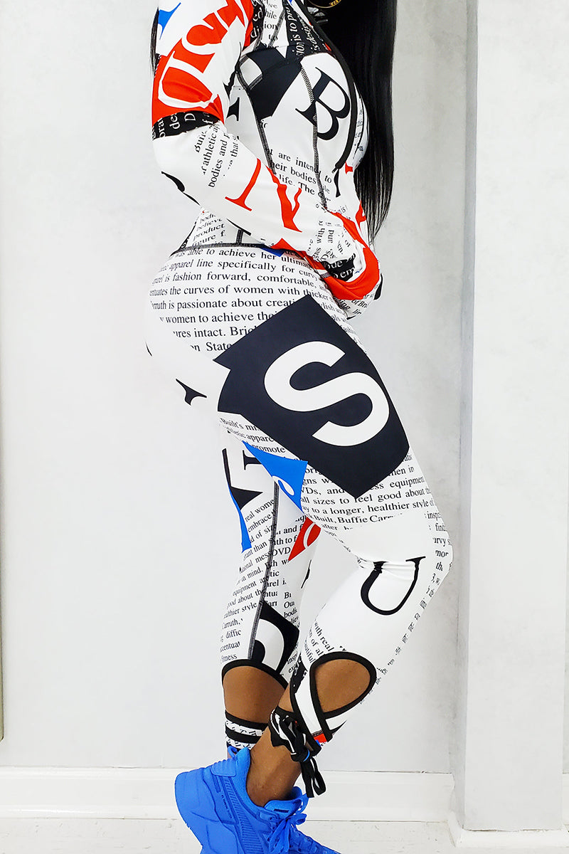 White strappy capris with red and blue alphabet pattern, designed for a casual, stylish look.