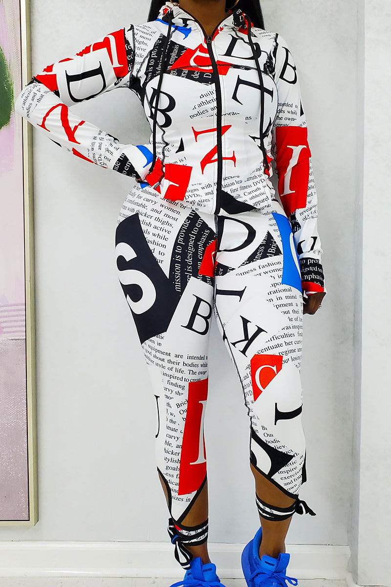 White strappy capris with red and blue alphabet pattern, designed for a casual, stylish look.