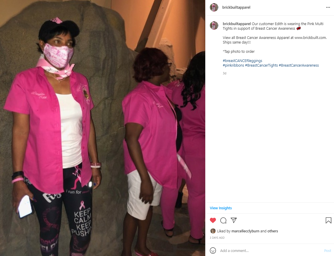 A Brick Built Apparel's instagram post showing a girl in pink multi tights with white t-shirt and pink half sleeve shirt.
