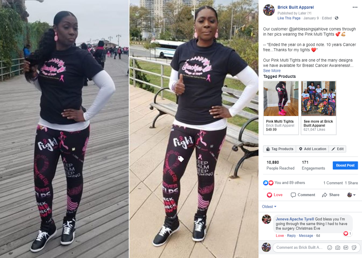 A Brick Built Apparel's facebook post showing a girl in black top and pink multi Breast Cancer Awareness printed tights