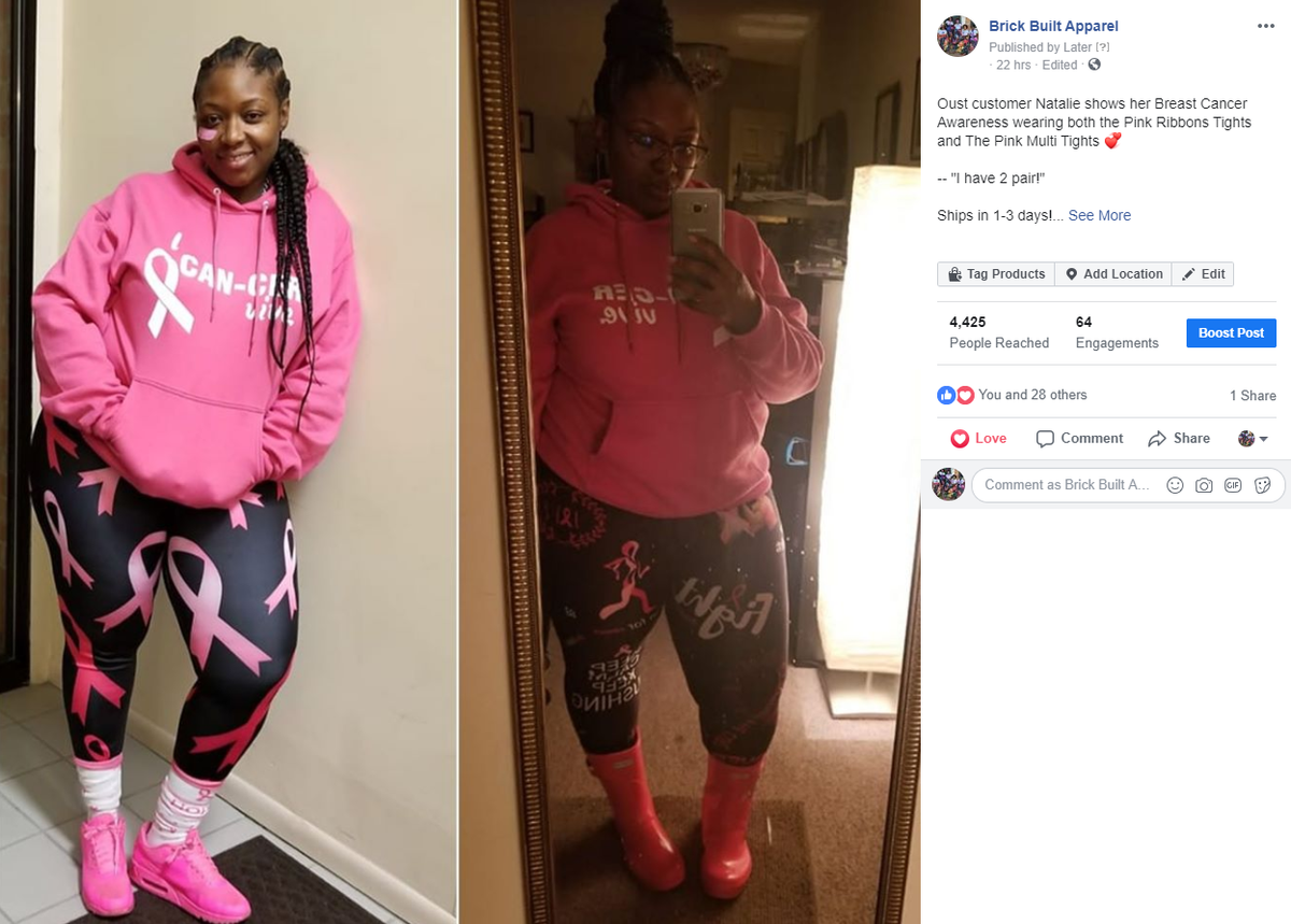 A Brick Built Apparel's facebook post showing a girl in pink ribbon and pink multi tights with pink hoodie.