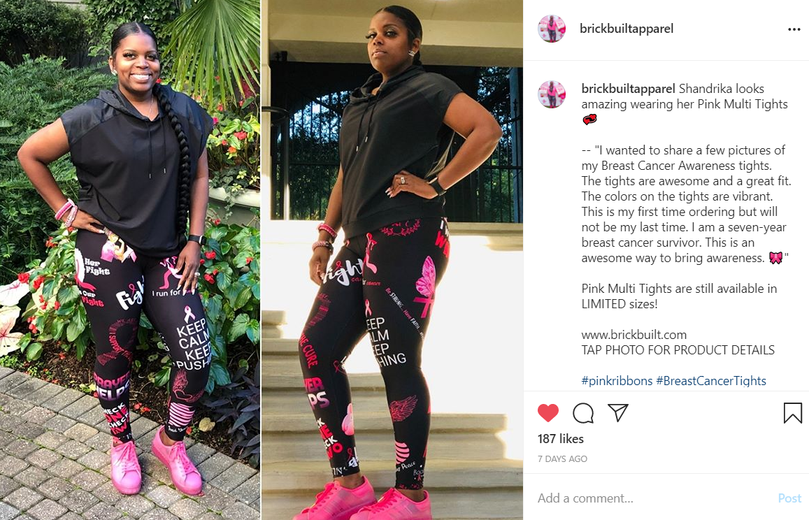 A Brick Built Apparel's instagram post showing a girl in pink multi tights with black half sleeve shirt and pink shoes.