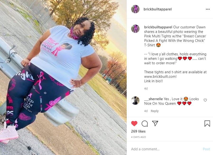 A Brick Built Apparel's instagram post showing a girl in pink multi tights with white t-shirt.