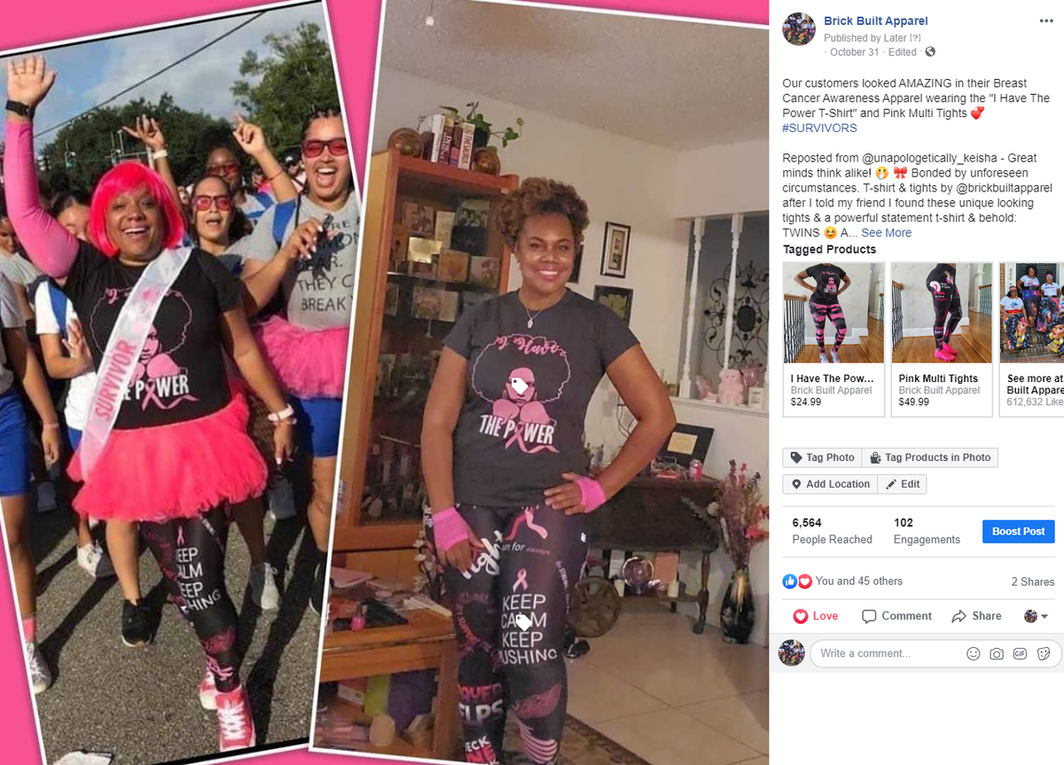 A Brick Built Apparel's facebook post showing a group of girls in Breast Cancer Awareness shirts and tights