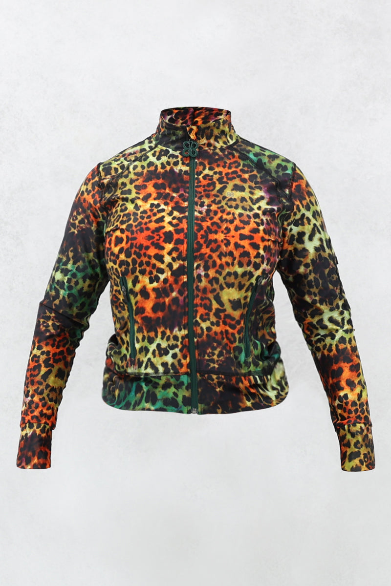 An animal print zipper jacket with a zipper pocket on the sleeves and two front pockets