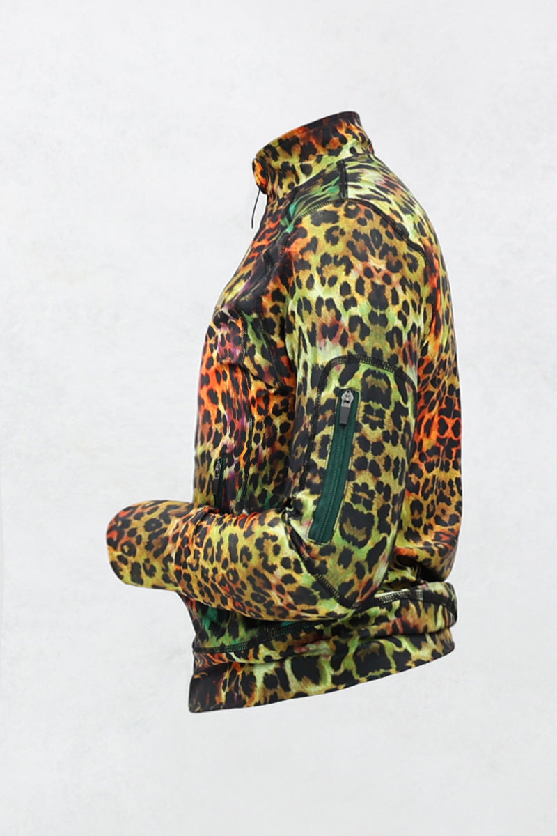 An animal print zipper jacket with a zipper pocket on the sleeves