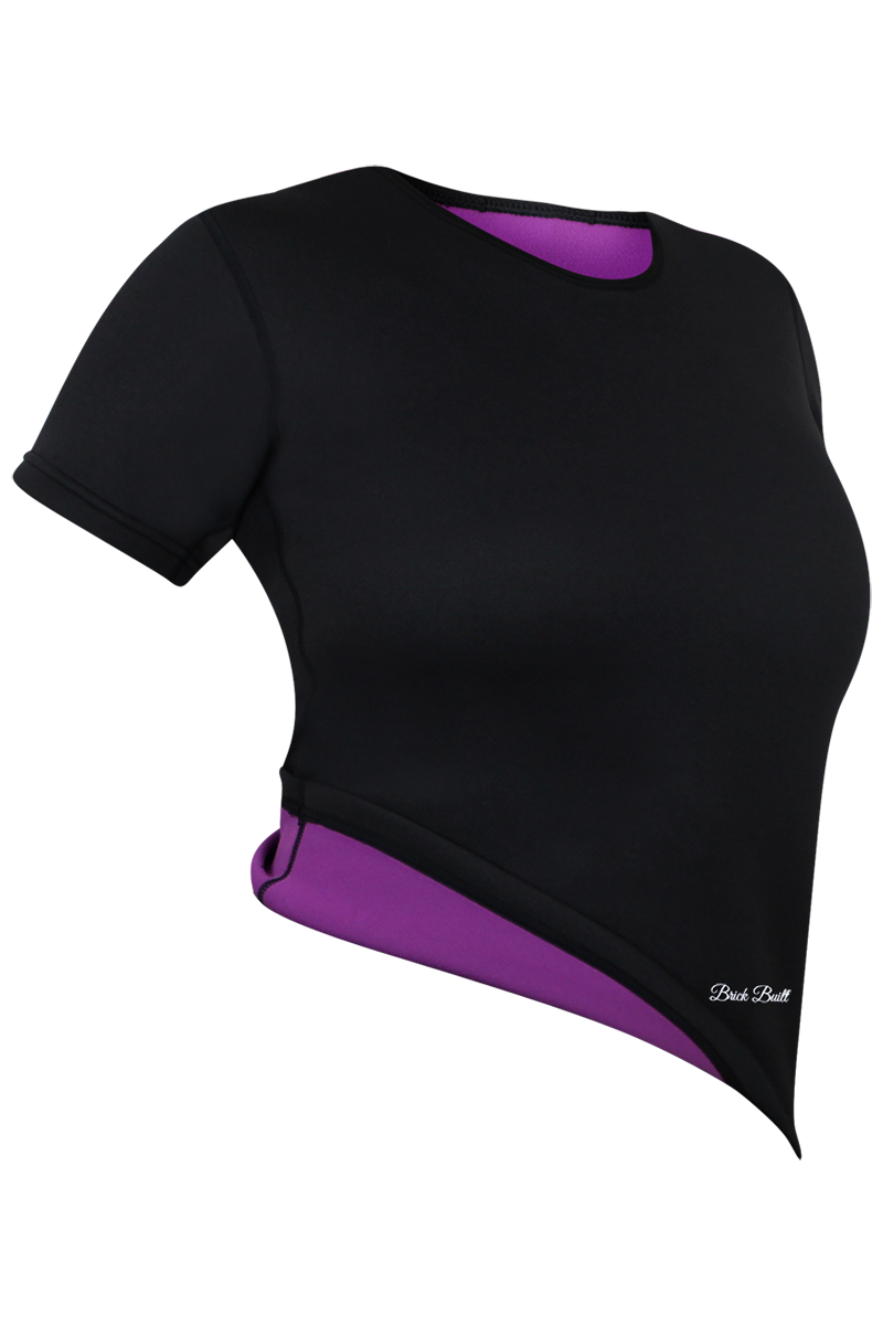 Black and purple trimmer top designed for a stylish and athletic fit.