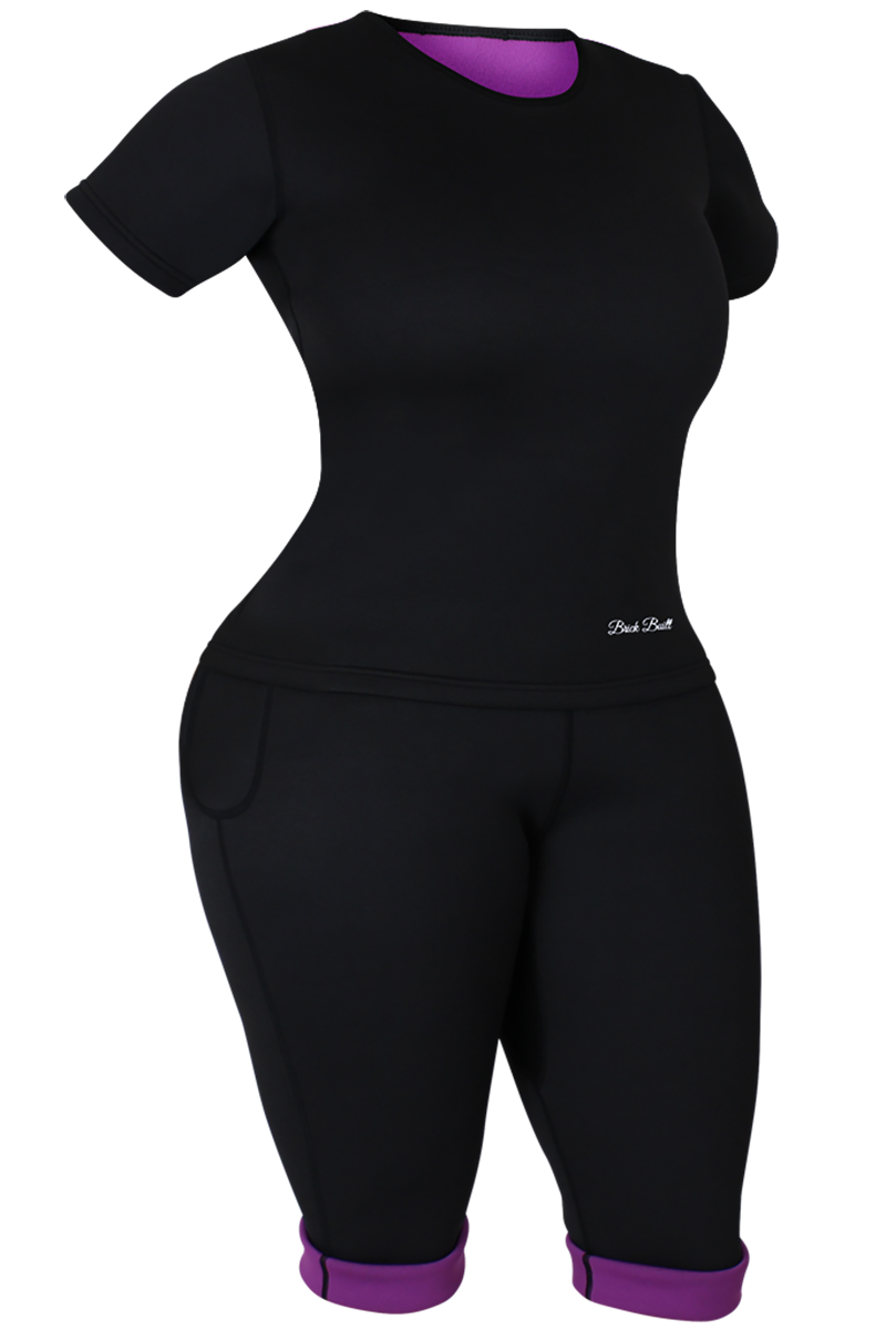 Black and purple trimmer top designed for a stylish and athletic fit.