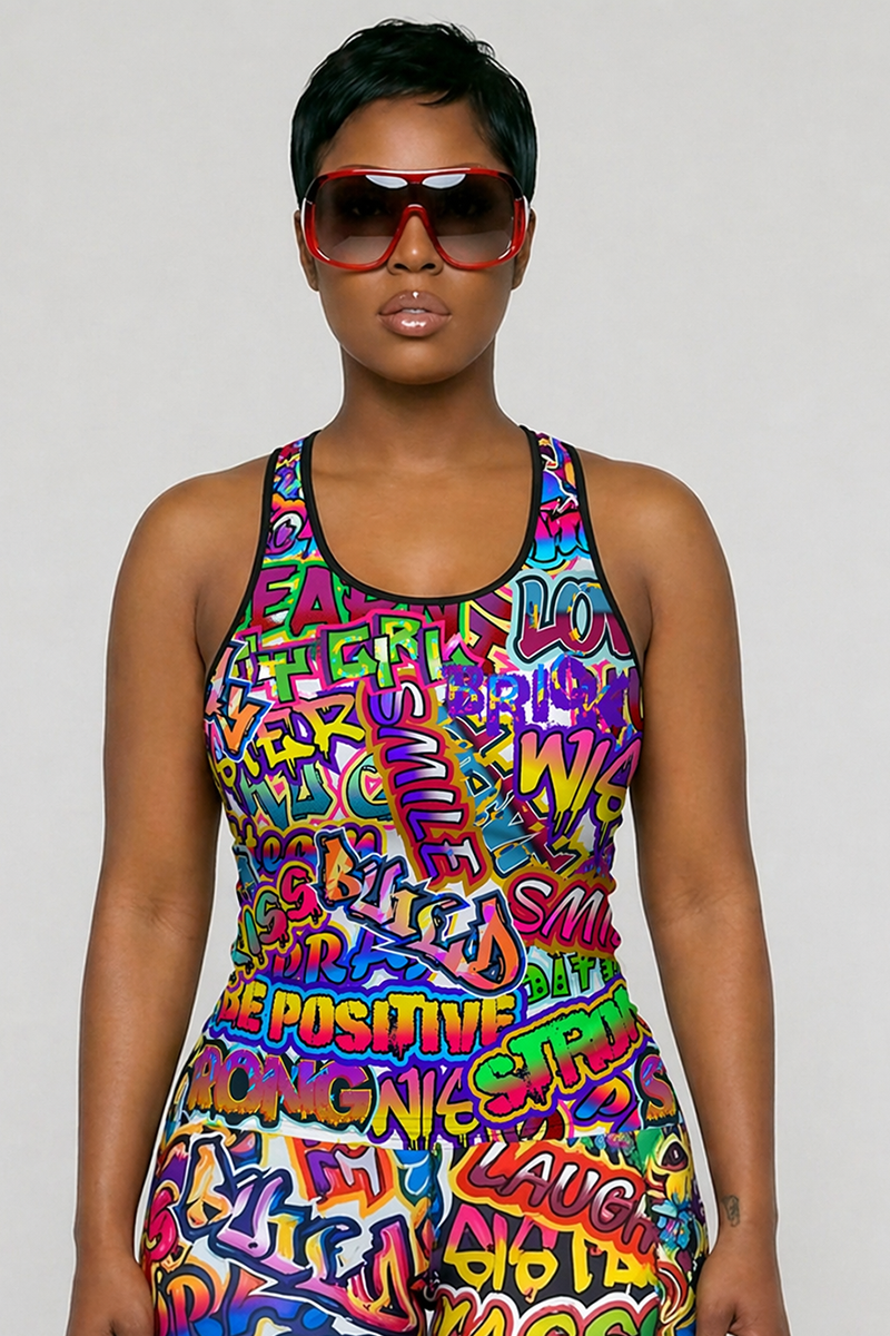 A person stands facing forward, wearing large red sunglasses and a Graffiti Tank Top with bold, colorful graffiti-style phrases on a light gray background.