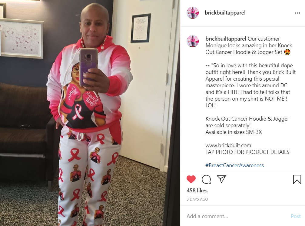 Our brave customer wearing pink "Knock Out Cancer" joggers and hoodie set, designed for cancer awareness.