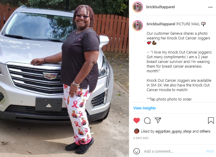 Our brave customer wearing pink "Knock Out Cancer" joggers designed for cancer awareness.