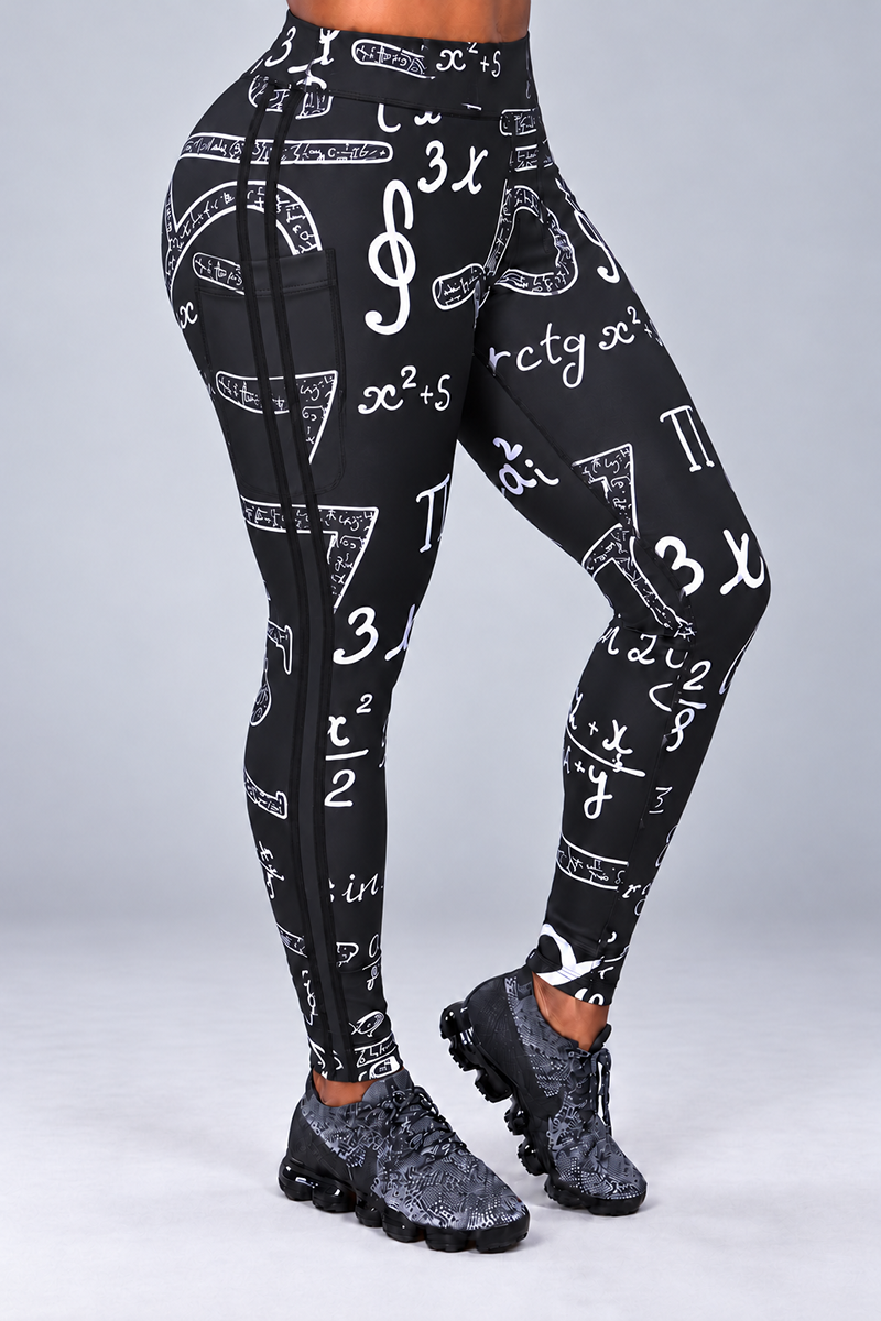 Math Problems Tights in black with white mathematical equations and symbols in a body-contouring fit.