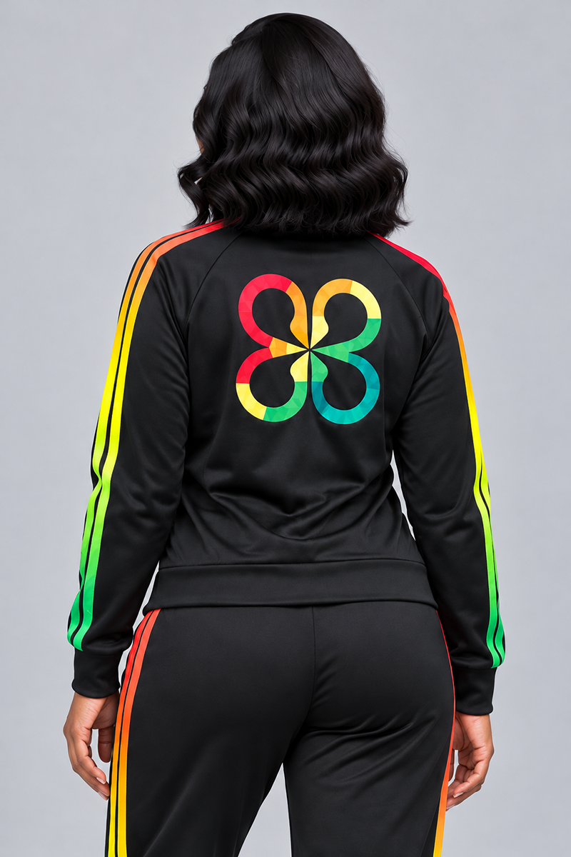 Black-multi Juneteenth Track Jacket in a relaxed polyester fit, featuring red, yellow, and green sleeve stripes and a multicolored four-leaf symbol on the back.