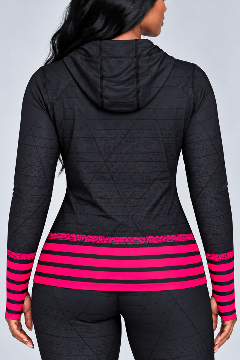 A woman with long black hair is shown from the back wearing the Epic Pullover, a black hoodie with thin diagonal lines and bright pink horizontal stripes near the lower back and wrists. Made from stretchy polyester spandex and designed with flatlock seams for enhanced comfort, the pullover is paired with matching leggings. The background is plain gray.