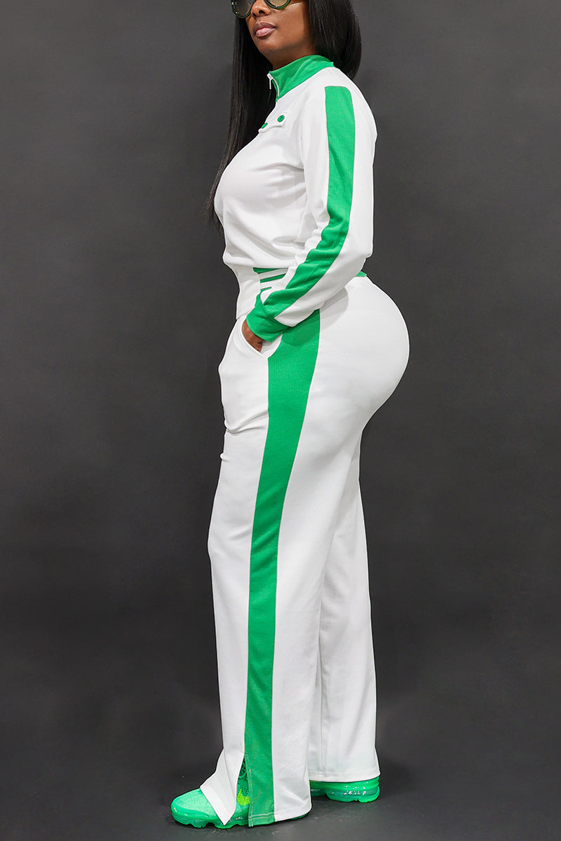 A woman wearing White and green B-Girl jacket with a trendy, urban style.