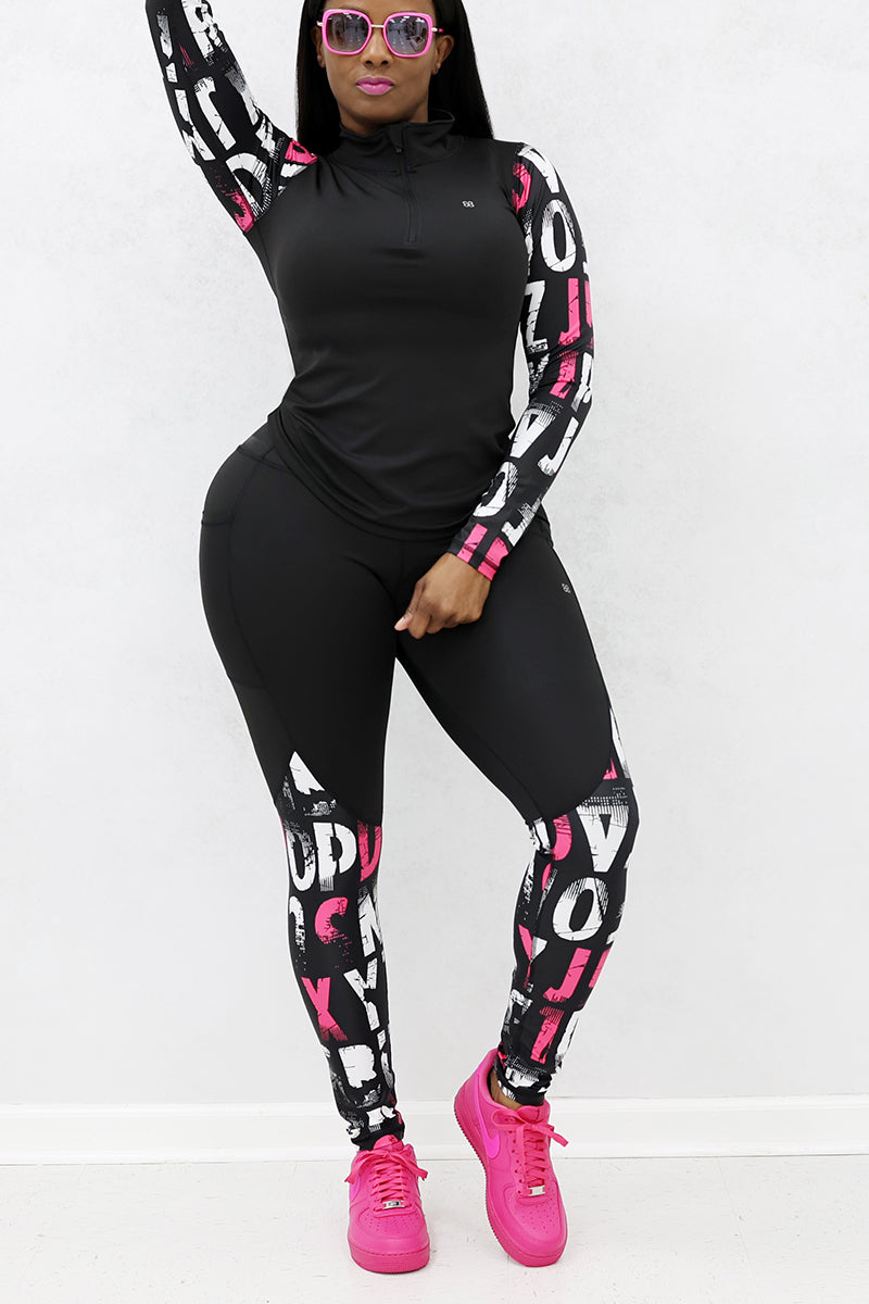 A woman wearing pink and black School Tights made from stretchy polyester and spandex, featuring a continuous drawstring for a secure fit, perfect for a trendy and comfortable look.