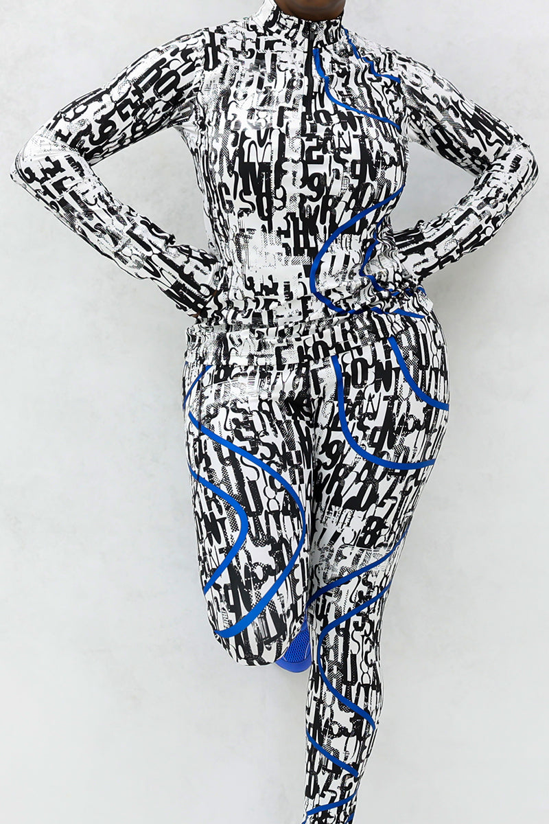 A person poses against a light background in the Blue Streak 1/2 Zip Pullover, featuring a fitted, long-sleeve compression design in white-black-blue. Their face is not visible.
