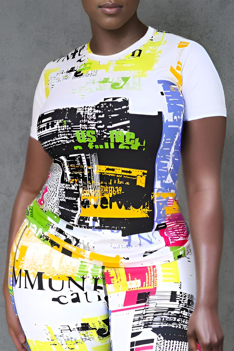 White fitted t-shirt with bold multicolor abstract and text-based graphic print.