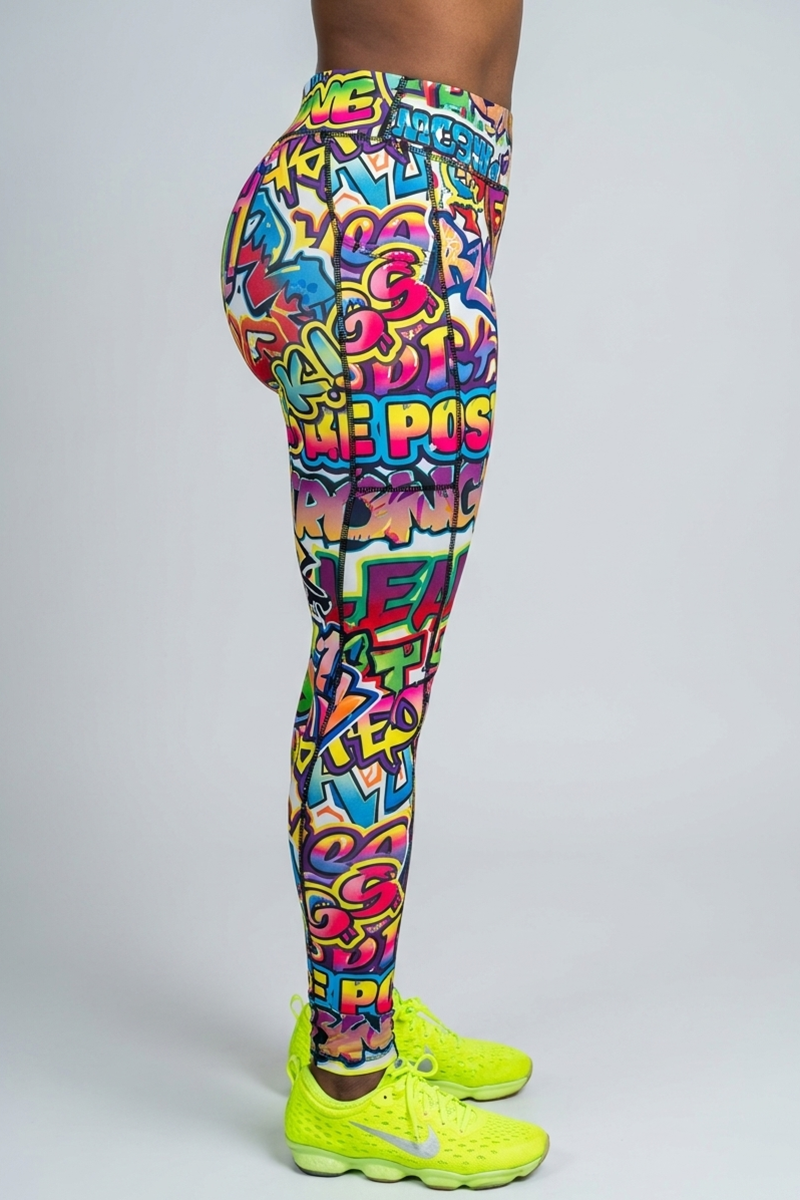 A person in profile wears Graffiti Tights—colorful workout leggings for women with a bold graffiti design—and bright yellow athletic shoes, standing against a plain light gray background.