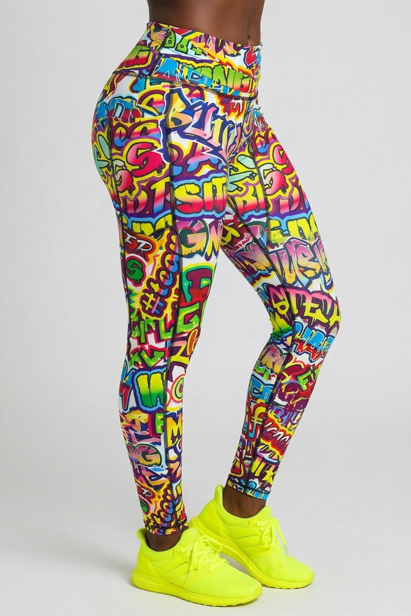 A person models Graffiti Tights—high-waisted workout leggings with a colorful graffiti design—and neon yellow sneakers, standing against a plain light gray background. Only the lower torso and legs are shown.