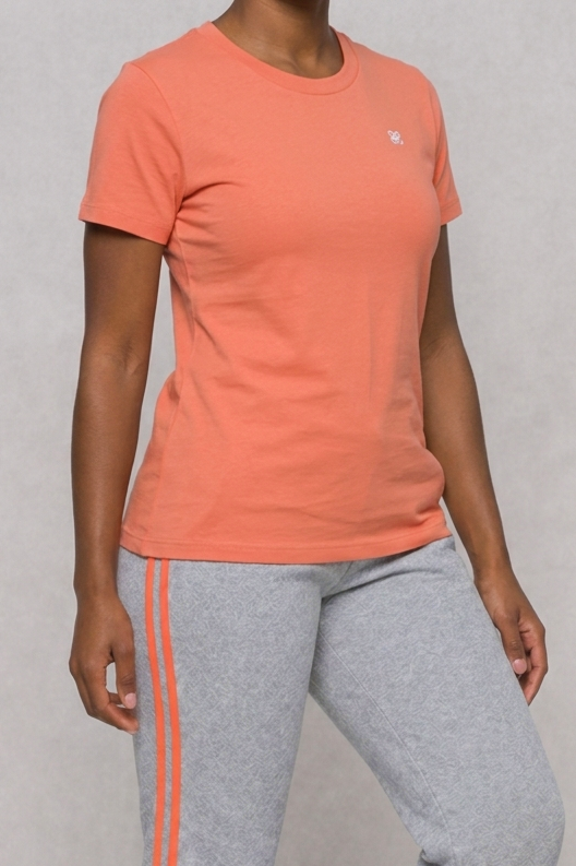 A person, head not visible, stands against a plain light background wearing a peach Grayline T-Shirt (SAMPLE) and light gray sweatpants with orange side stripes.