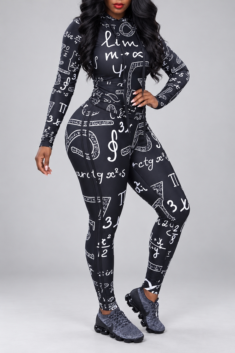 A person wearing a body-contouring black hooded top and matching Math Problems Tights, both featuring a white print of various mathematical formulas and symbols.
