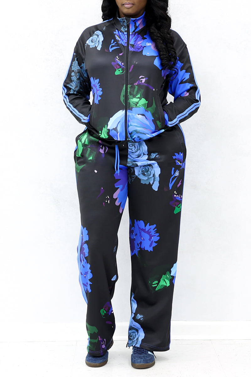 A front view of the black jacket with blue roses. The jacket is smooth, stylish, and comfortable.