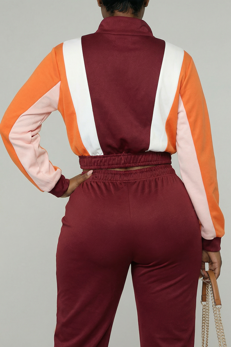 A person stands with their back to the camera wearing the Color Block Cropped Jacket in burgundy, orange, and pink with a white V-shaped stripe on the back and an elastic waistband, holding a chain strap bag in their right hand.