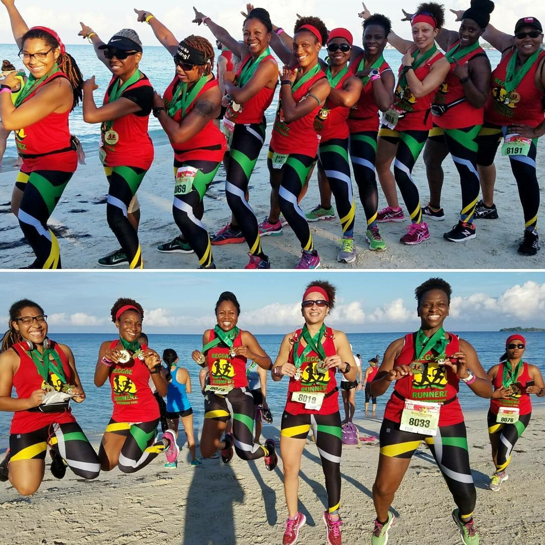 A Women group wearing unique one-legged tights featuring vibrant ombre on beach, colors in  orange-yellow,  designed for individuality and comfort during workouts."