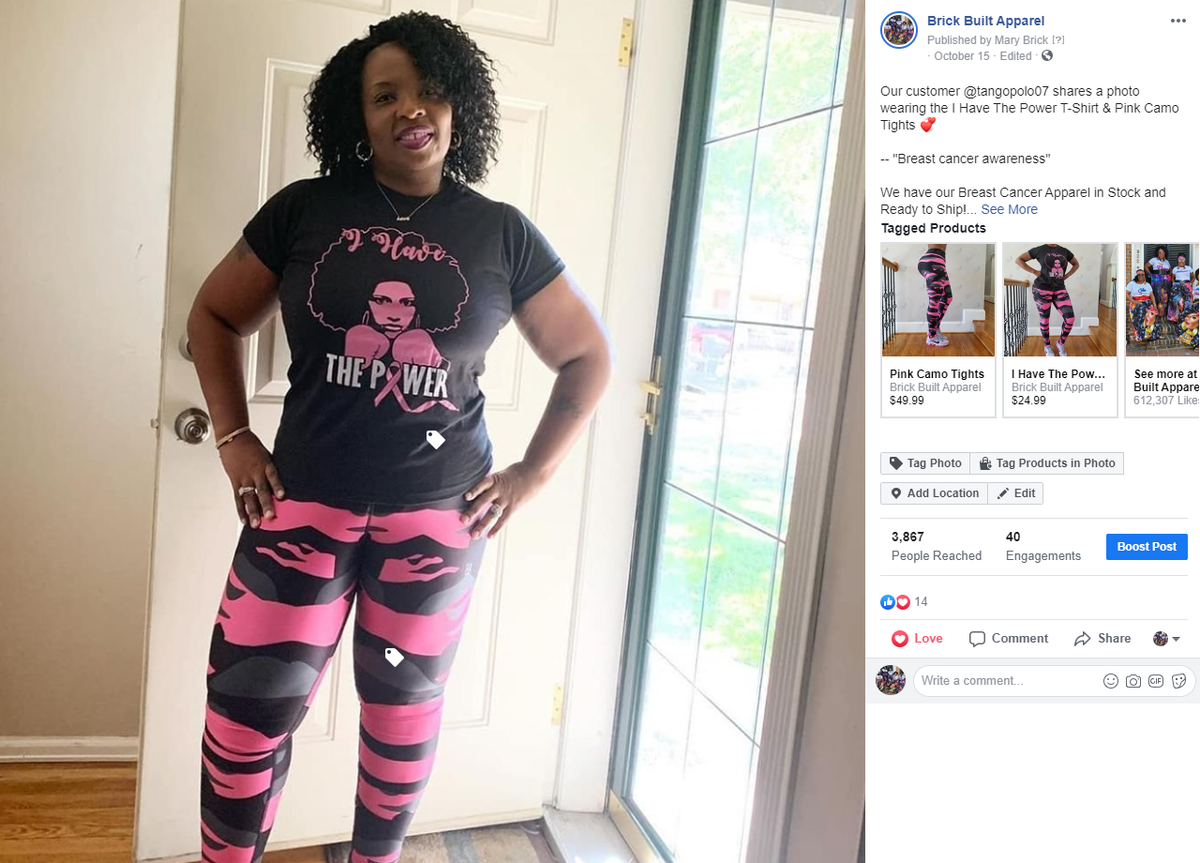 Our customer wearing Pink Camo Tights in pink and black, designed for comfort and style, perfect for workouts and everyday casual wear while supporting Breast Cancer awareness.