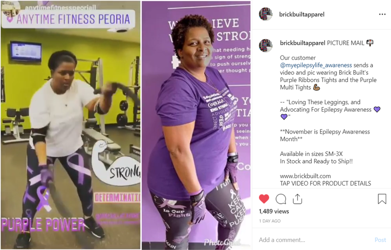 Our customer wearing Purple Multi Tights in black and purple, designed with 360° stretch Lycra fabric, perfect for workouts and supporting Domestic Violence Awareness.