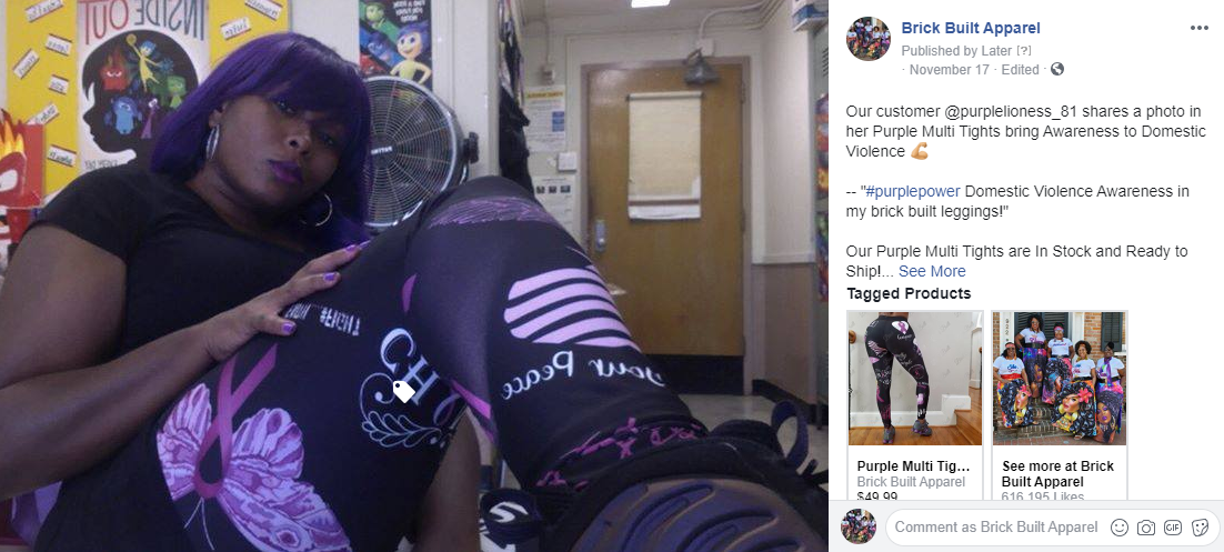 Our customer wearing Purple Multi Tights in black and purple, designed with 360° stretch Lycra fabric, perfect for workouts and supporting Domestic Violence Awareness.