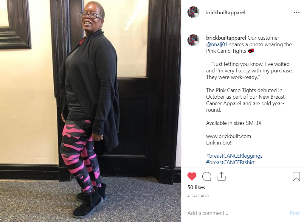 Our customer wearing Pink Camo Tights in pink and black, designed for comfort and style, perfect for workouts and everyday casual wear while supporting Breast Cancer awareness.